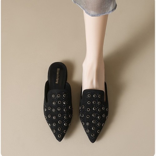 RHINESTONE POINTED TOE SLIPPERS / S273 - Color black