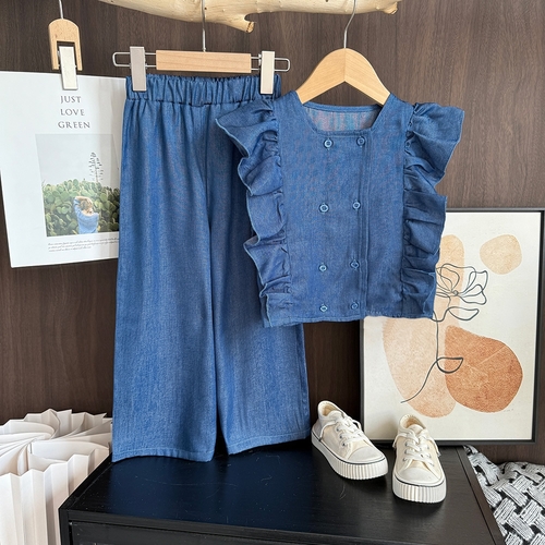 GIRL'S SLEEVELESS TOPS AND PANTS SET / S877D - TWO PIECE DARK BLUE DENIM SLEEVELESS TOPS AND PANTS