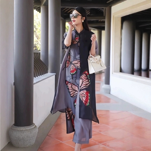 TWO-PIECE SET- S715 - WOMEN’S LONG POLO SHIRT AND WIDE-LEG PANTS - Butterfly print One size