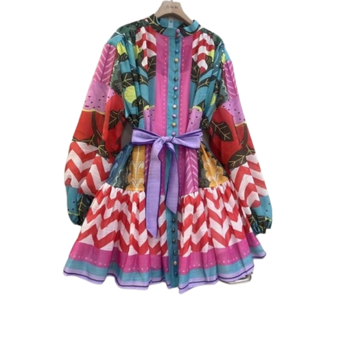 BOHEMIAN DRESS  / S892P - LONG SLEEVED LACE-UP PLEATED PRINTED DRESS