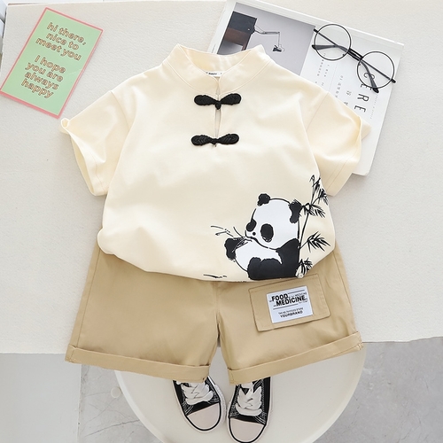 BOY'S TSHIRT AND SHORT SET / F348 - Color cream chinese collar shirt and short.