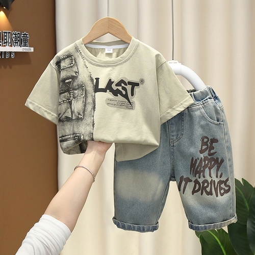 BOY'S GREEN COTTON T-SHIRT AND DENIM PANTS SET / S803 - Color:green t-shirt and denim pants
