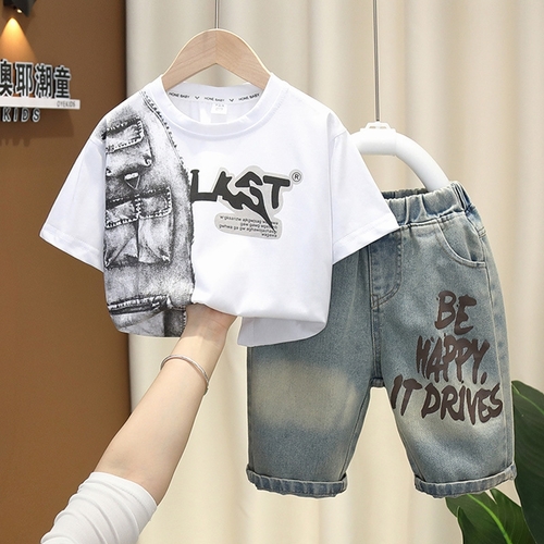 BOY'S WHITE COTTON T-SHIRT AND DENIM PANTS SET / S803 - white short-sleeved t-shirt and denim pants
