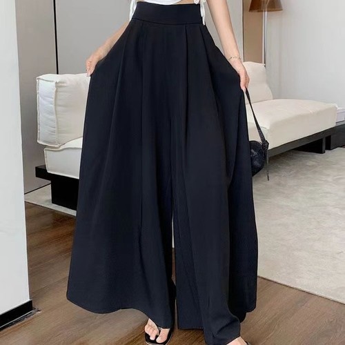 WIDE-LEG LOOSE WOMEN TROUSER - BLACK S758 - Ruffled pleated chiffon flare pants Color. :black Best fit for petite