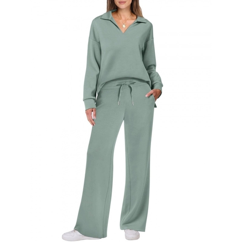 WOMEN'S LONG-SLEEVE TOP AND PANTS SET-GREEN / U394 - Green color