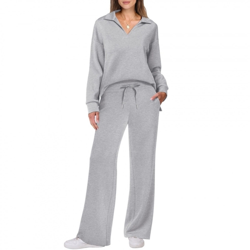 WOMEN'S LONG-SLEEVE TOP AND PANTS SET-GRAY / U394 - Color:gray