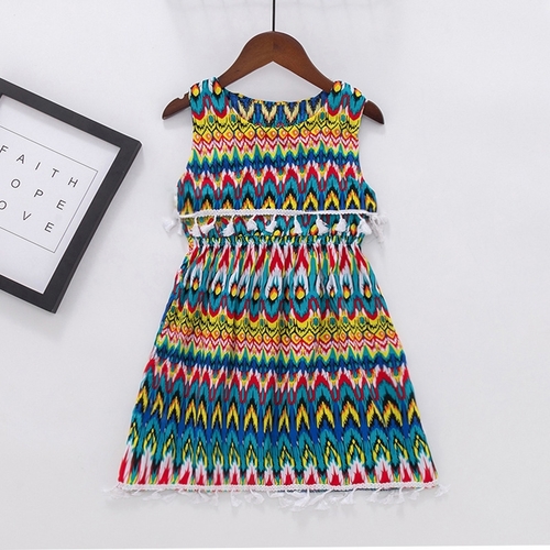 GIRL'S BOHEMIAN DRESS / F146D - Color: green Design: zigzag, wave and fire pattern.