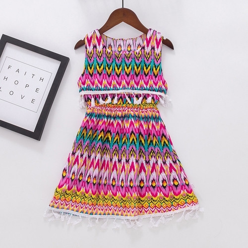 GIRL'S BOHEMIAN DRESS / F146D - BOHEMIAN DRESS WITH FIRE PATTERN COLOR PINK