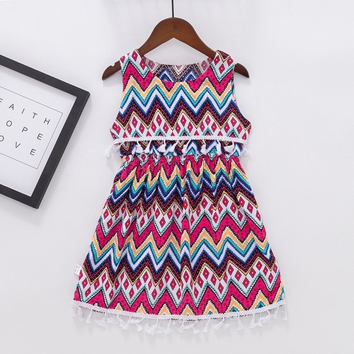 GIRL'S BOHEMIAN DRESS / F146E - GEOMETRIC ANG ZIGZAG PATTERN