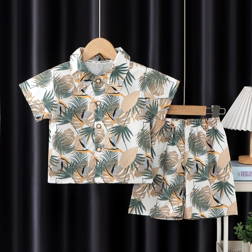 CHILDREN'S SHORT-SLEEVES POLO SHIRT AND SHORTS BEACH TWO-PIECE SET / WHITE-BROWN S879 - WHITE-BROWN