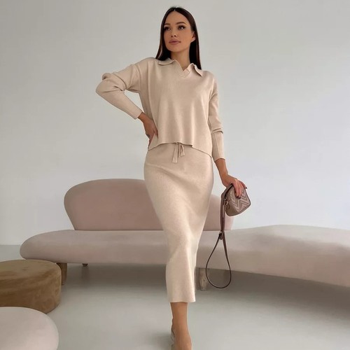 BEIGE RIBBED KNIT TWO-PIECE SET / U274 - Set of beige : Long-sleeved shirt and long skirt  size: Large