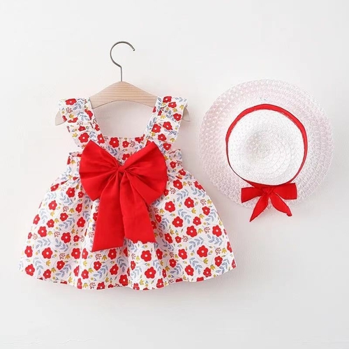 BABY GIRL DRESS WITH HAT U241C/U486C - Floral red dress with hat