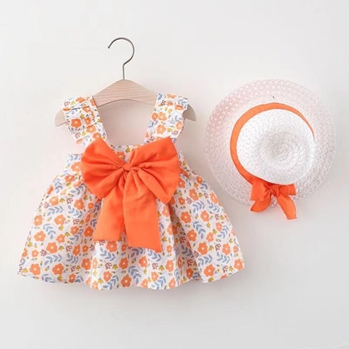 BABY GIRL DRESS WITH HAT U241E/U486E - Orange floral dress with hat