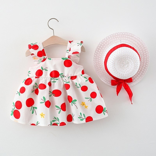 BABY GIRL DRESS WITH HAT  U241G/U486G - Red fruit print dress with hat