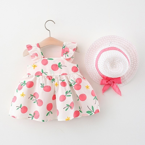BABY GIRL DRESS WITH HAT  U241H/U486H - Pink fruit print dress with hat