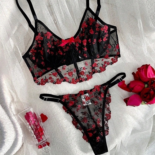 TWO-PIECE LINGERIE SET / U373B - Color: black red