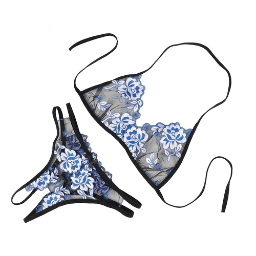 TWO-PIECE LINGERIE SET / U374B - BLUE AND BLACK LACE LINGERIE SET ONE SIZE