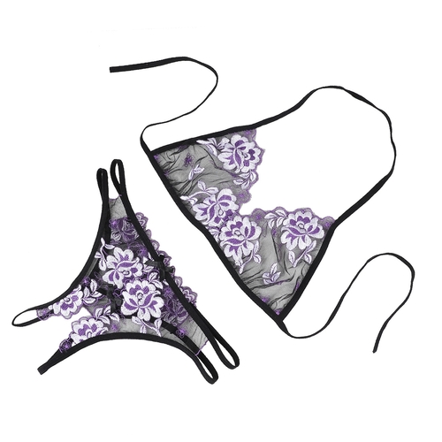 TWO-PIECE LINGERIE SET / U374C - PURPLE AND BLACK LACE LINGERIE SET ONE SIZE
