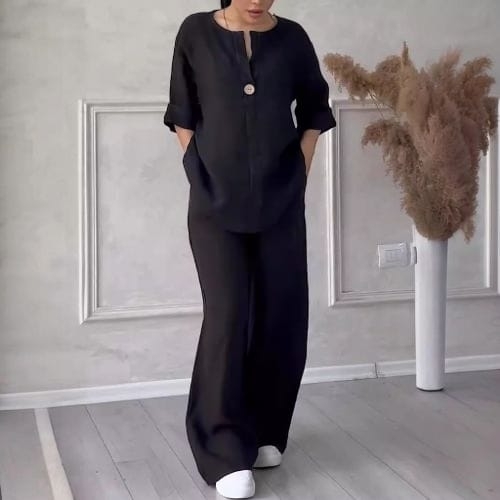 WOMEN'S TOP AND WIDE-LEG PANTS SET / U391BLK - Color:black