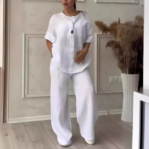 WOMEN'S TOP AND WIDE-LEG PANTS SET / U391W - Color:white
