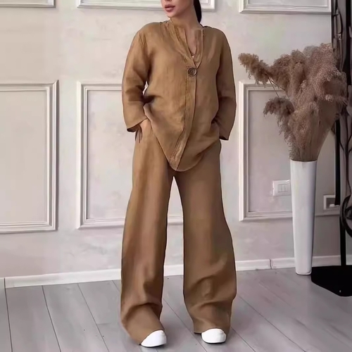 WOMEN'S TOP AND WIDE-LEG PANTS SET / U391BR - Color:brown