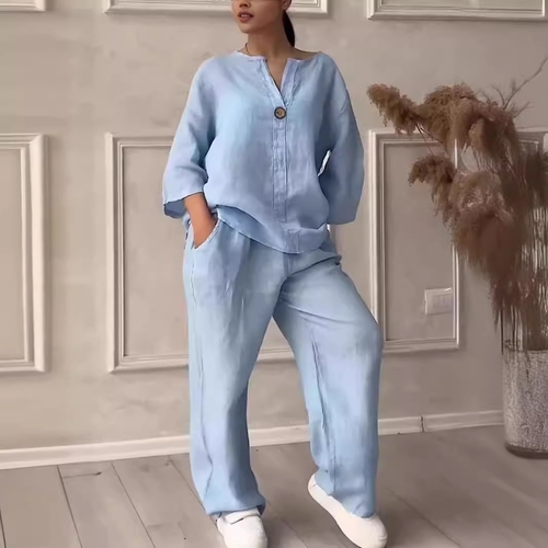 WOMEN'S TOP AND WIDE-LEG PANTS SET / U391LB - Color: light blue