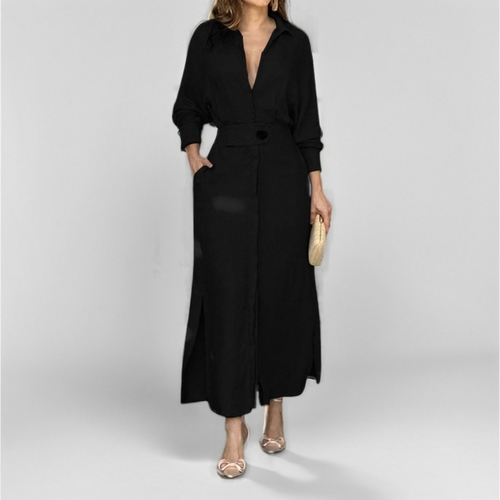 WOMEN'S LONG-SLEEVED MIDI SHIRT DRESS / U379BLK - Color: black