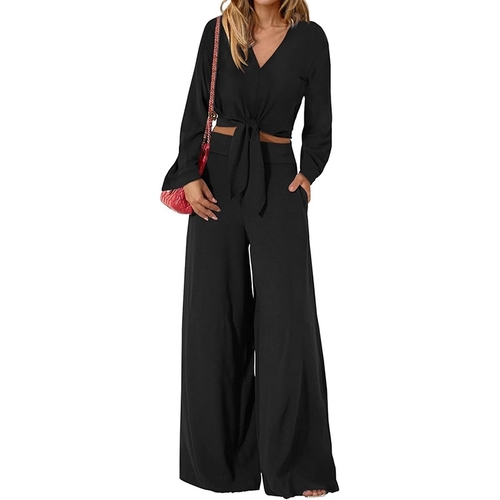 WOMEN'S LONG SLEEVE CROP TOP AND PANTS / BLACK U351 - LONG SLEEVE V NECK BELTER CROP TOP AND WIDE-LEG PANTS COLOR BLACK