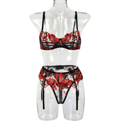 THREE-PIECE LINGERIE SET / U354 - Black and red floral lace lingerie set