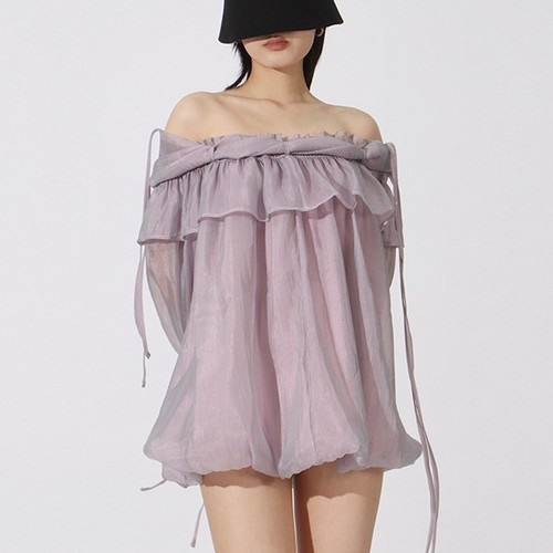 RUFFLED OFF-SHOULDER FLOUNCE SLEEVE BLOUSE / PURPLE U401 - Color:purple Lightweight chiffon