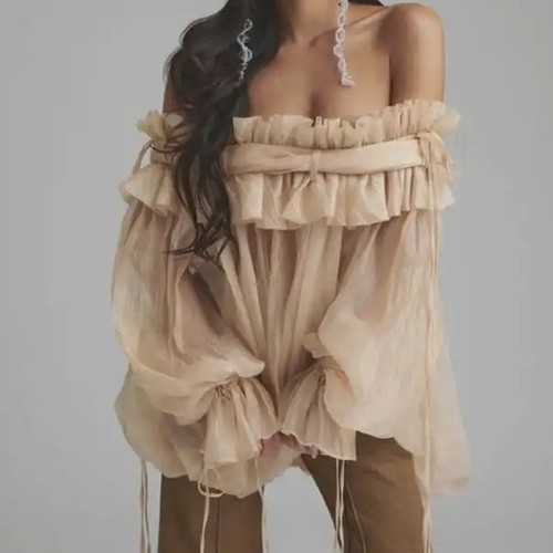 RUFFLED OFF-SHOULDER FLOUNCE SLEEVE BLOUSE / CHAMPAGNE U401 - Color:Champagne  Lightweight chiffon