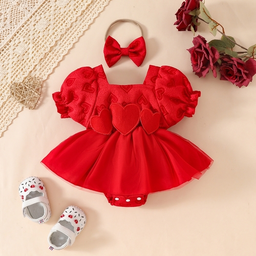 GIRL'S ROMPER DRESS AND HEADBAND SET / RED U402 - Color:red