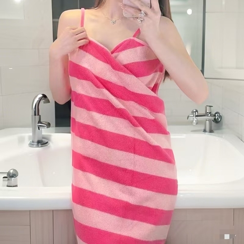 WOMEN'S TOWEL BATHROBE / U487PS - Pink striped beach/bath towel robe