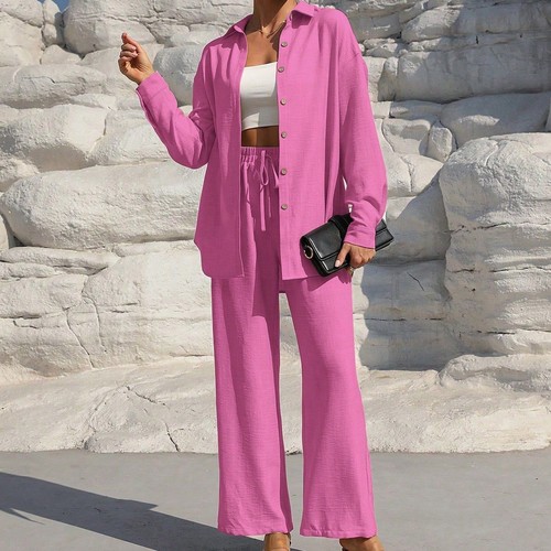 LONG-SLEEVE SHIRT AND PANTS SET / U389 PINK - COLOR:PINK TWO-PIECE SET FOR WOMEN