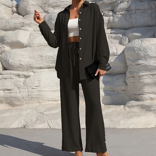 LONG-SLEEVE SHIRT AND PANTS SET / U389 BLACK - Color:black TWO-PIECE SET FOR WOMEN