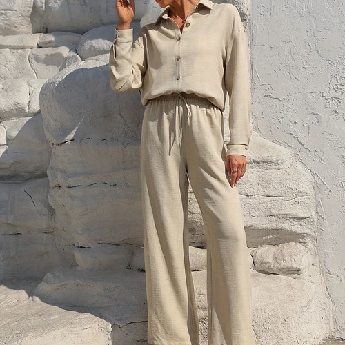 LONG-SLEEVE SHIRT AND PANTS SET / U389 BEIGE - Color:beige
