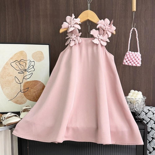 GIRL'S FLOWER SUSPENDER DRESS / S877M - Color:pink Age:18-24m