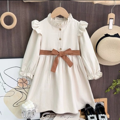 GIRL'S CASUAL DRESS / S877N - LONG-SLEEVE DRESS WITH BELT COLOR:BEIGE