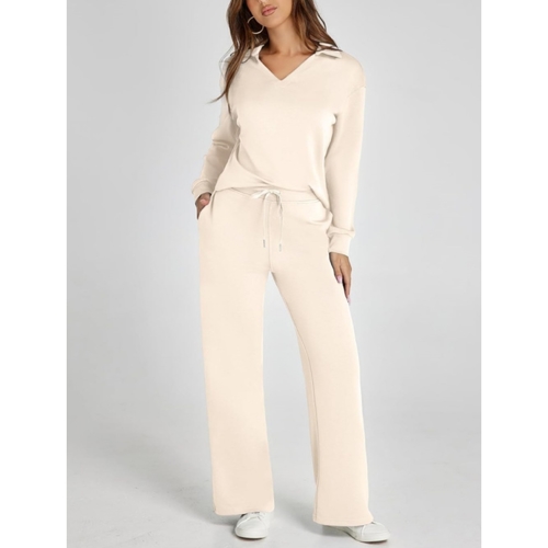 WOMEN'S LONG-SLEEVE TOP AND PANTS SET-CREAM / U394 - Wide leg pants Color:cream