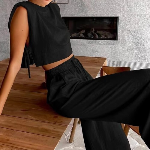 LINEN SET / BLACK / U405 - TANK TOP AND WIDE-LEG PANTS