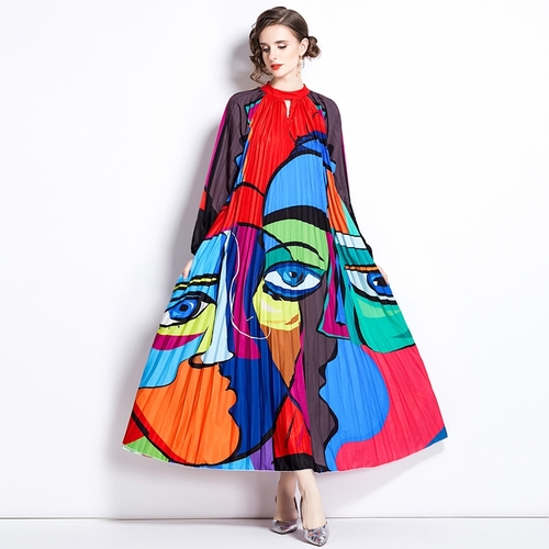 LONG SLEEVES STAND COLLAR PLEATED DRESS / F313A - Free size