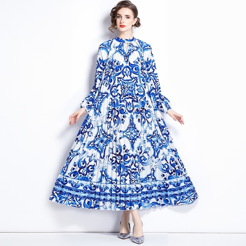 LONG SLEEVES STAND COLLAR PLEATED DRESS  / F313B - LONG SLEEVES STAND COLLAR PLEATED DRESS  One Size