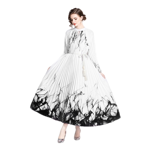 LONG SLEEVES STAND COLLAR PLEATED DRESS / F313WB - LONG SLEEVES STAND COLLAR PLEATED DRESS  One Size