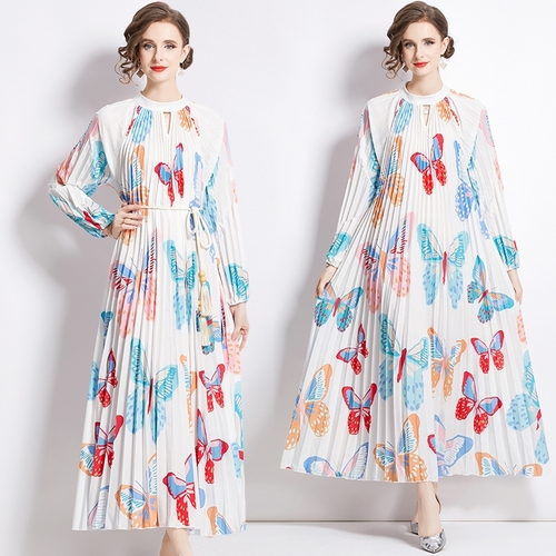 LONG SLEEVES STAND COLLAR PLEATED DRESS / F313W - LONG SLEEVES STAND COLLAR PLEATED DRESS  One Size