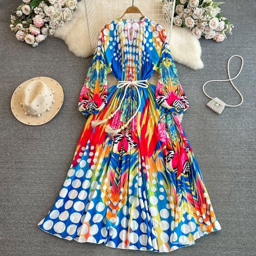 LONG SLEEVES STAND COLLAR PLEATED DRESS / F313RB - LONG SLEEVES STAND COLLAR PLEATED DRESS  One Size