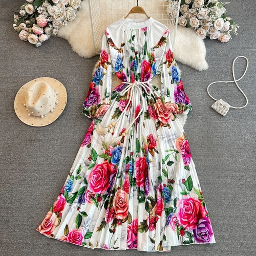 LONG SLEEVES STAND COLLAR PLEATED DRESS / F313FW - LONG SLEEVES STAND COLLAR PLEATED DRESS  One Size