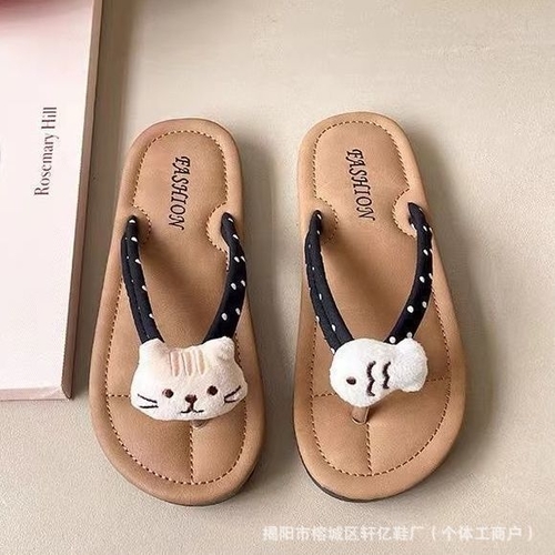WOMEN'S FLIP FLOPS / S60E - Cat and fish - black strap