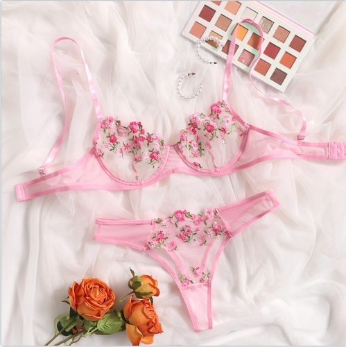 TWO-PIECE EMBROIDED LINGERIE SET / U369D - Color pink