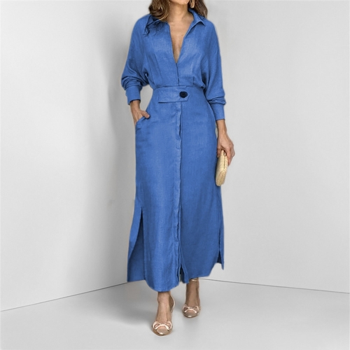WOMEN'S LONG-SLEEVED MIDI SHIRT DRESS / U379B - Blue