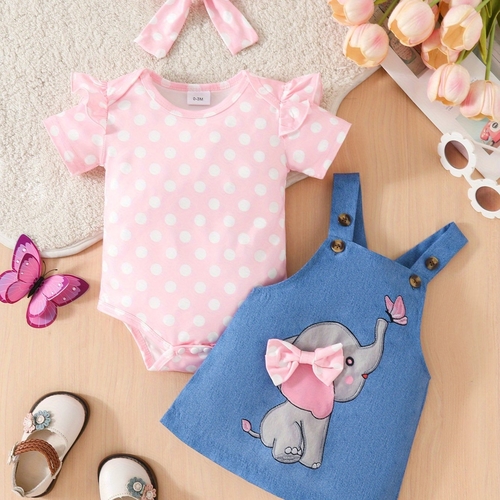 GIRL'S FROCK DRESS WITH DUNGAREE STYLE / U367P - 3pcs in one set Pink